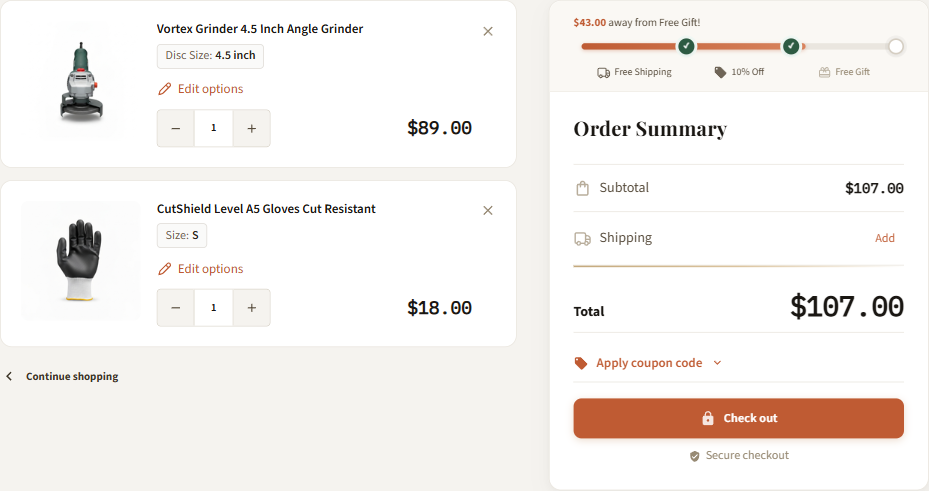 Cart page — items and order-summary sidebar