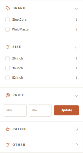 Sidebar faceted filters — Brand, Size, Price, Rating groups