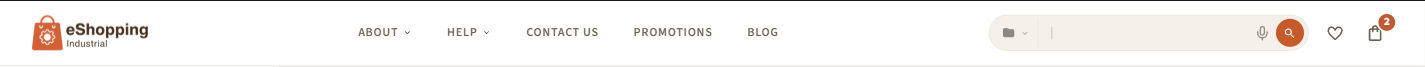 Main nav on the storefront — logo, web-page links, category + search box, wishlist, cart
