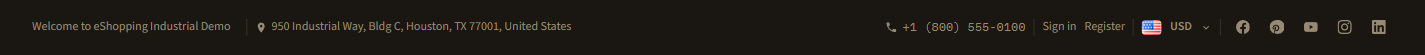Top bar on the storefront — welcome text + address, phone, account, currency, social icons