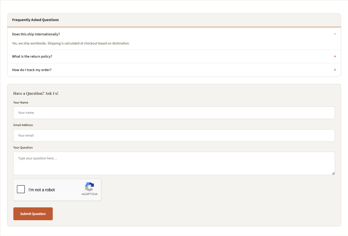 FAQs tab — pre-written answers above the ask form