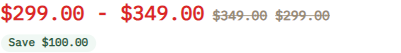 PDP price — sale price, struck original, "You save" amount, sale badge